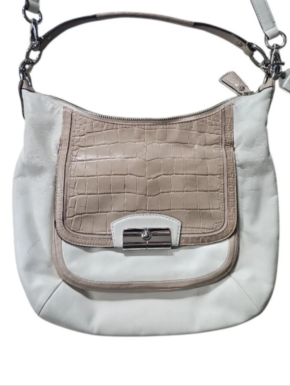 Coach Kristin Spectator Leather Hobo Crossbody Bag Cream Tan Croc Embossed